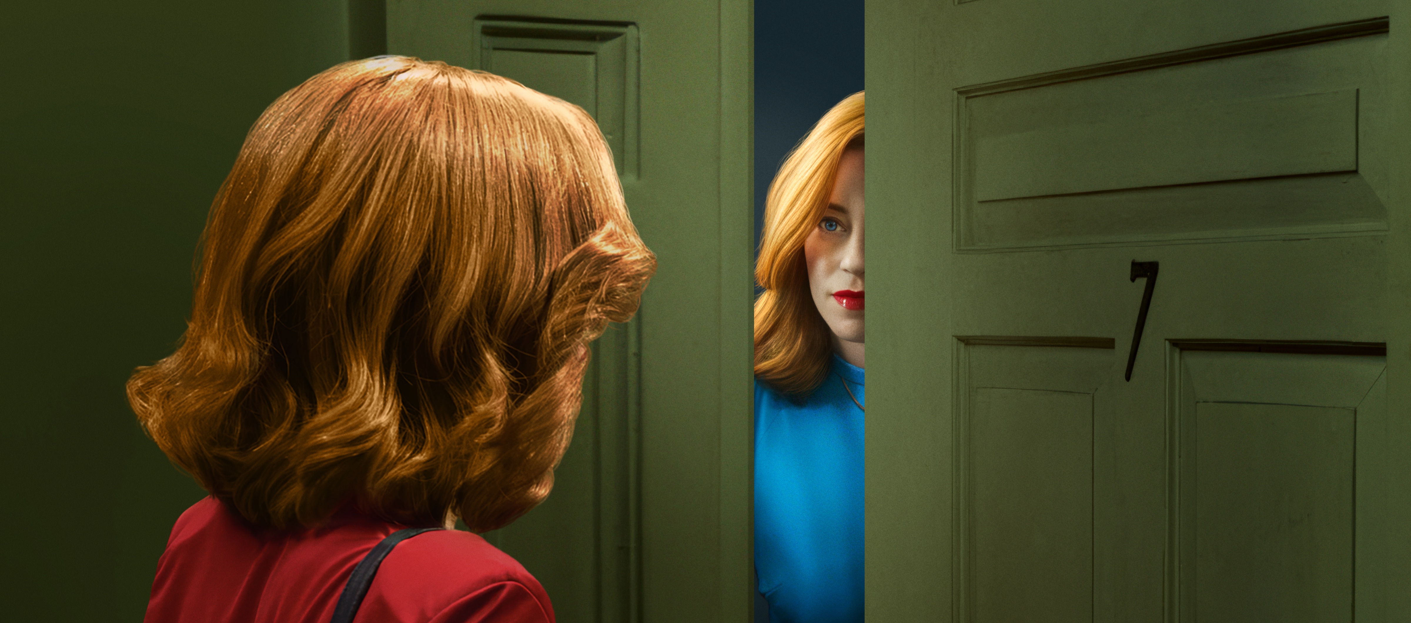 Dreamquil, a woman in red at a green door as another woman in blue looks out — Philip Cronerud