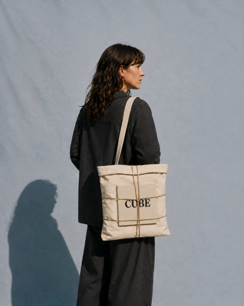 PCBB canvas tote worn over the shoulder, a book held on the outside by waxed cord — Philip Cronerud